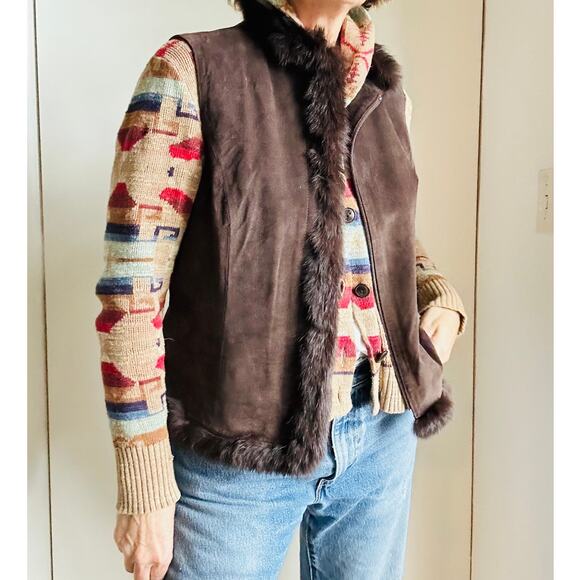 Brown Suede Fur Trimmed Vest Y2K Vintage Size 12/L Heritage Fall Vibes - Picture 6 of 8